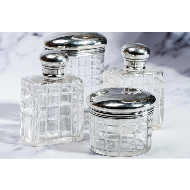 English Set of 4, Beautiful Set Mappin and Webb Antique English Sterling Silver and Crystal Geometric Cut Pattern Vanity Dresser Jar and Bottle For Sale - Image 3 of 16