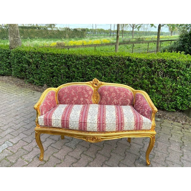 1970s French Louis XVI Gilt Beech Damask Sofa Set – 3 Pc For Sale - Image 9 of 18