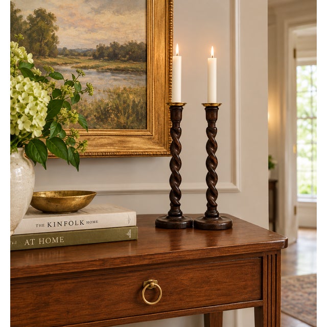 Antique English Oak Barley Twist Candlesticks With Brass Bobeches For Sale - Image 6 of 6