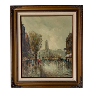 1960’s Vintage Impressionist Parisian Street Scene Oil on Canvas Painting, Framed For Sale