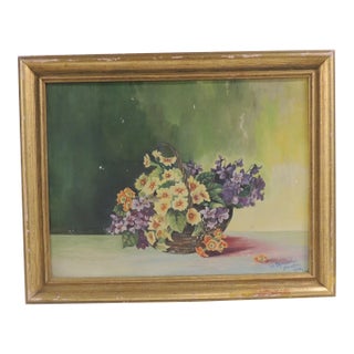 Vintage Framed Still Life of Flowering Primroses Flowers on Pot For Sale