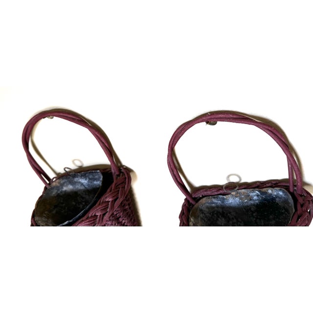 Burgundy Mid 20th Century Victorian English Burgundy Wicker Conical Shaped Handle Wall Pockets, a Pair For Sale - Image 8 of 11