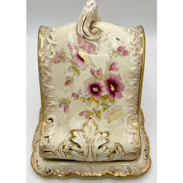 Victorian Antique Victorian Covered Cheese Dish - Pink & Gold, Stoke-on-Trent, C. 1910 For Sale - Image 3 of 9