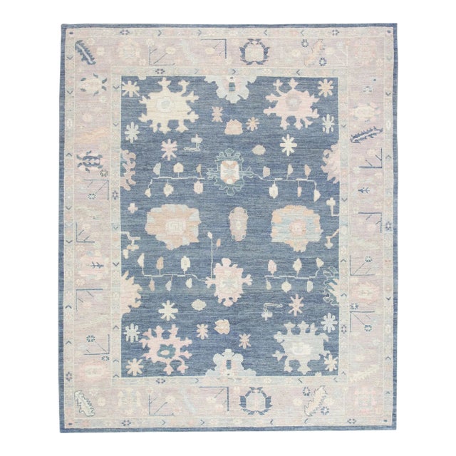 Blue & Pink Handwoven Turkish Oushak Rug 8'1" X 9'10" For Sale