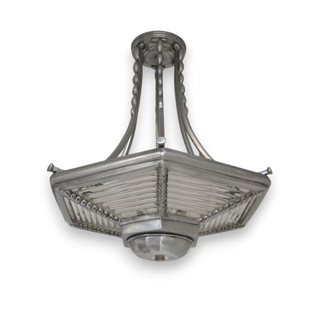 Six Sided Glass rod and Aluminum Art Deco Chandelier w/ scallopped stem An Industrial six sided, hexagonally shaped...