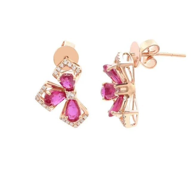 Art Deco 14k Rose Gold Ruby Diamond Half Floral Cluster Earrings- A Pair For Sale - Image 4 of 11