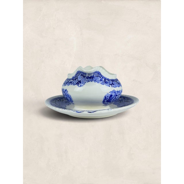 Antique English Mason Blue-and-White Transferware Gravy Boat and Stand For Sale In Tampa - Image 6 of 7