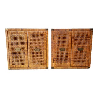 1970's Vintage Bielecky Brothers - Campaign Style Rattan Wrapped Nightstands - a Pair For Sale