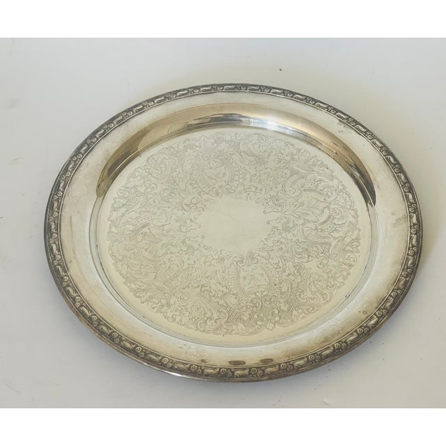 1940s 15” Round Silverplate Ornate Platter Salver For Sale In Miami - Image 6 of 7