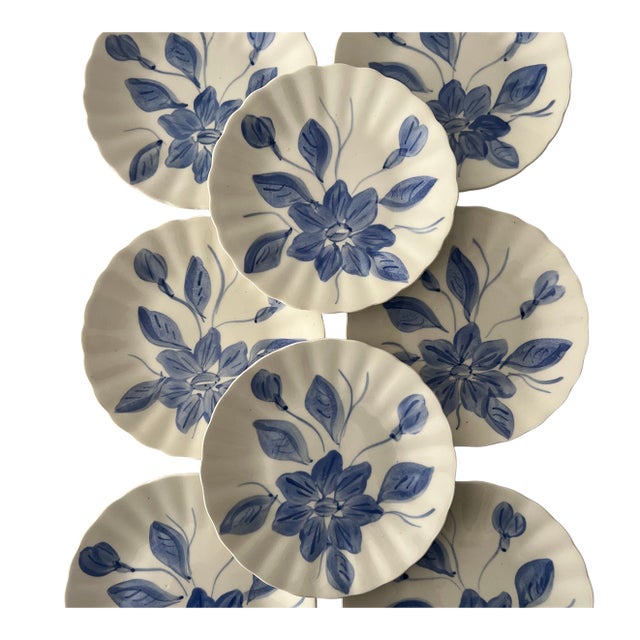 Antique Blue Ridge Southern Potteries Hand Painted Blue and White Flower Small Plates - Set of 8 For Sale