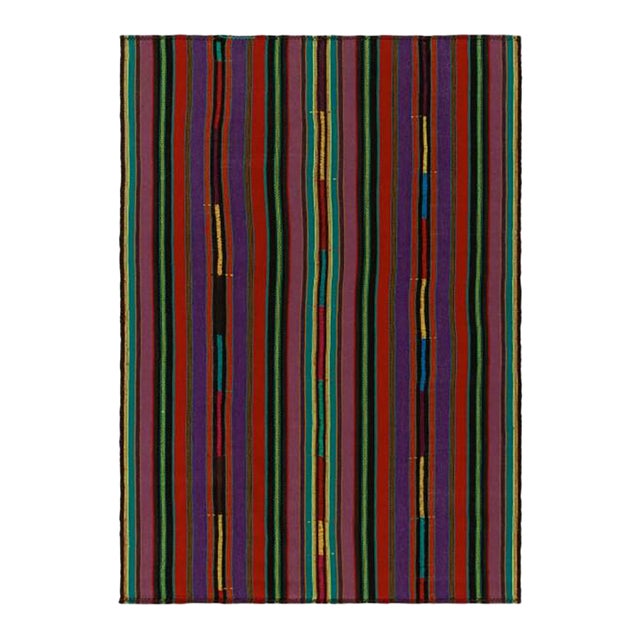 1950s Vintage Chaput Kilim Style in Red, Purple, Green Stripe Patterns For Sale