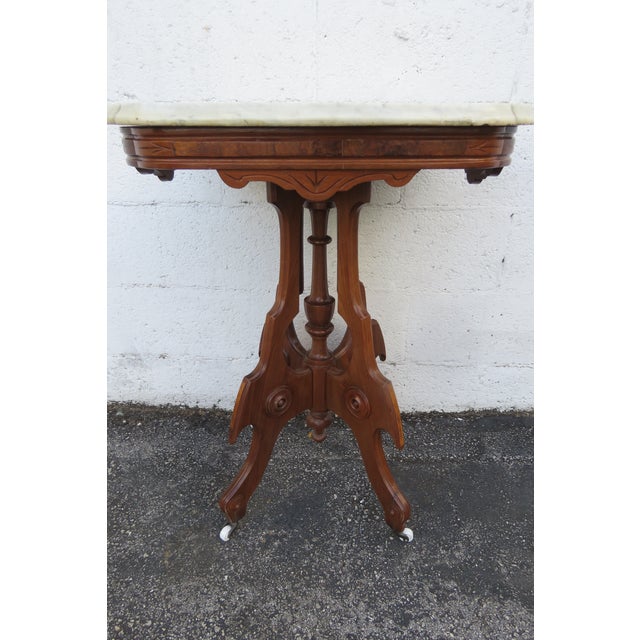 Late 1800s Victorian Eastlake Marble Top Carved Side Table 6295 For Sale - Image 10 of 17