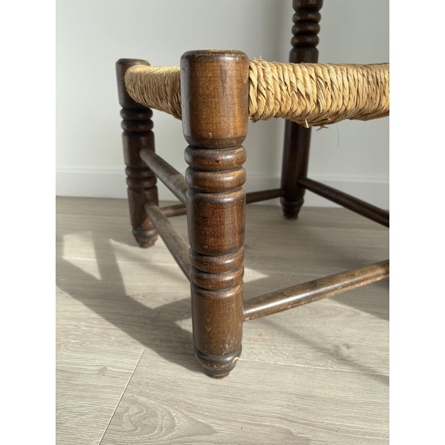 Brown Vintage Low Wood Fireplace Chair with Straw Seat in the style of Charles Dudouyt, 1940s For Sale - Image 8 of 10