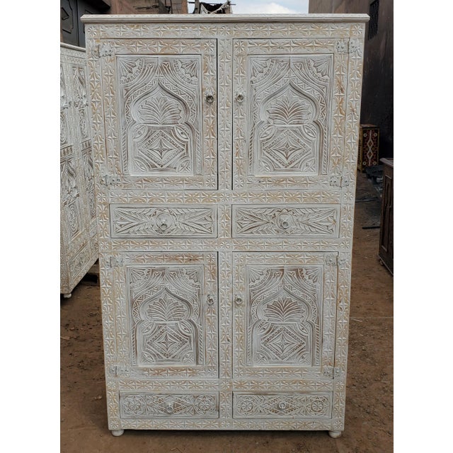 2020s White Wash Moroccan Handmade Carved Wooden Armoire / Berber Style For Sale - Image 5 of 5
