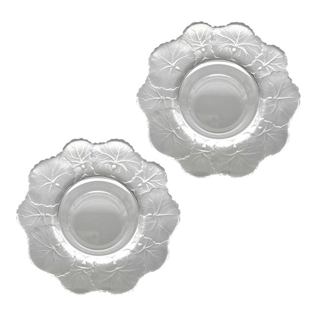 Lalique Honfleur Crystal Bowls, Pair of Two | Frosted French Crystal Catchall, 8.75 Inch Round For Sale