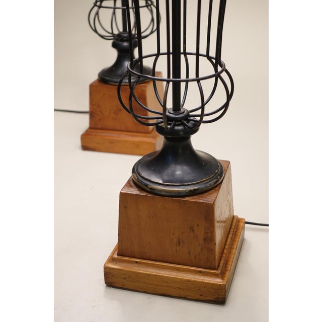 1930s French Empire Neoclassical Wire Urn Cage Brass Wood Table Lamps - a Pair For Sale In Los Angeles - Image 6 of 11