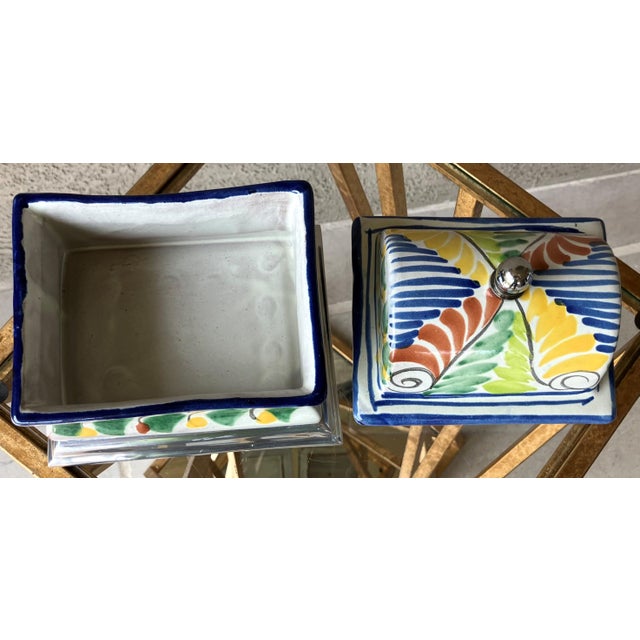 Off-white Colorfully Charming Late 20th-Century Talavera Lidded Box on Pewter Pedestal Base, Mexico For Sale - Image 8 of 11