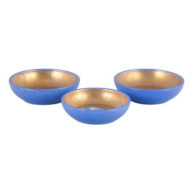 Faience Bowls with Blue and Gold Glaze by Wilhelm Kåge for Gustavsberg, 1930s, Set of 3 For Sale