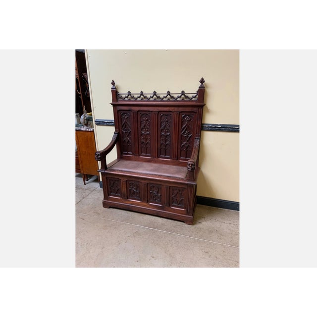Antique Neo-Gothic Bench, 1880 For Sale - Image 3 of 11