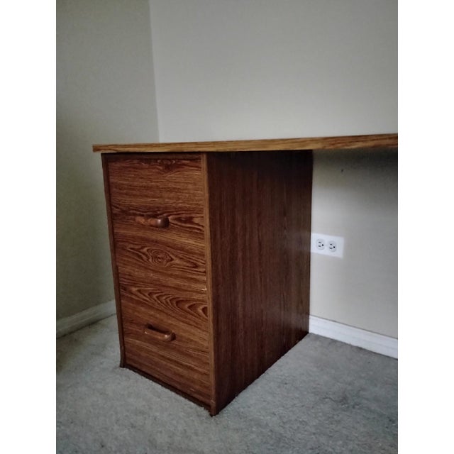 Wood Desk - 2 File Cabinets + Desktop Walnut Wood Portable 3 Pc Retro Wooden Desk Euc For Sale - Image 7 of 13