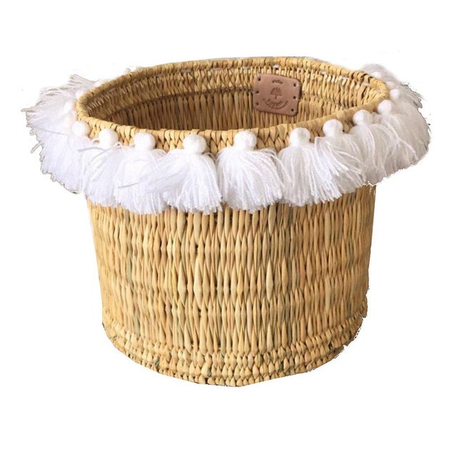 Moroccan White Tassel Large Basket For Sale - Image 4 of 4