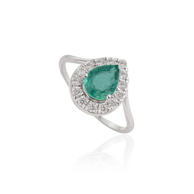 VR Jewels 1.15ct Natural Pear-Cut Emerald Diamond Halo 14k Gold Statement Ring Size 5.5 For Sale - Image 4 of 17