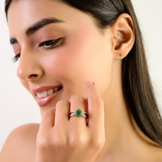 Handcrafted Pear Emerald Swirl Ring With Half-Surrounding Diamond Set in Solid Silver - Size 7 For Sale - Image 4 of 11