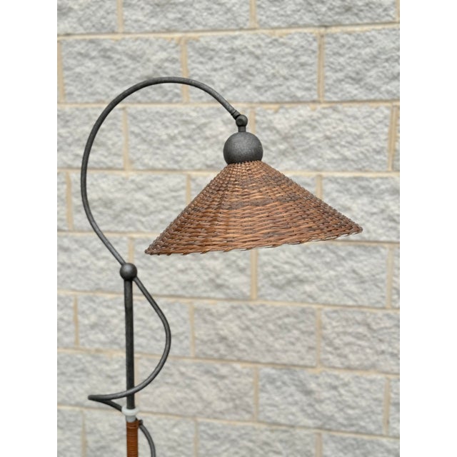 Memphis Vintage Wicker and Iron Floor Lamp With Sculptural Curved Arm For Sale - Image 3 of 9