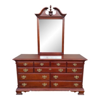 Late 20th Century Lexington Chippendale 9 Drawer Cherry Dresser and Floating Beveled Mirror For Sale