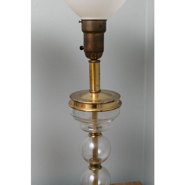 1960s Vintage Brass & Glass Column Table Lamps – Paul Hanson Style – Milk Glass Shades – 3-Way - a Pair For Sale - Image 5 of 18