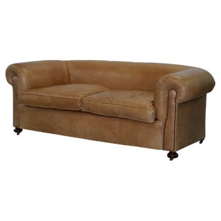 Vintage Victorian Style Brown Leather Club Sofa For Sale