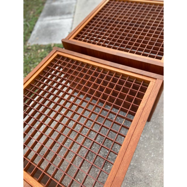 Komfort Pair of Mid Century Modern Teak Lattice-Top Side Tables | by Komfort of Denmark For Sale - Image 4 of 12