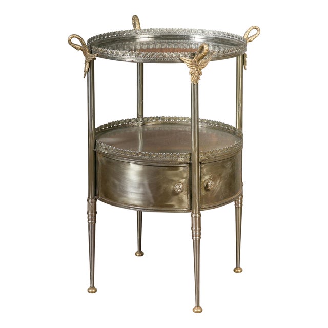 Vintage Italian Steel and Bronze Circular Side Table with Swan Necks and Doors For Sale