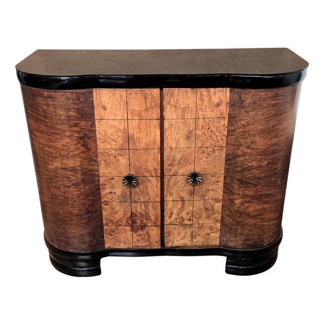 Mid-Century Art Deco Italian Burl Walnut Mosaic Dry Bar Cabinet with Mirror, 1960s For Sale