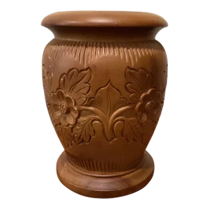Vintage Mid 20th Century Wooden Vase With Floral Design