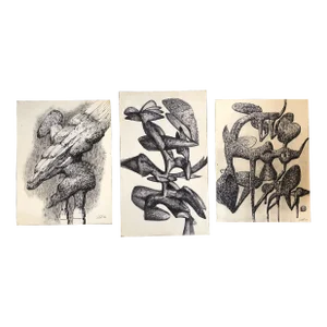 1980’s 3 Vintage Abstract Charcoal Drawings Signed Licht -Set of 3