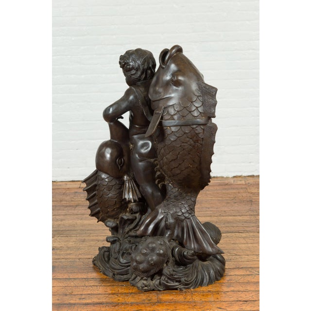 Mid 20th Century Mid 20th Century Greco-Roman Style Bronze Putto Riding a Dolphin Fountain For Sale - Image 5 of 13