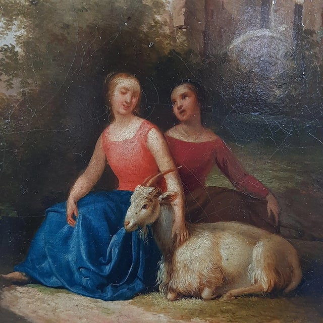 Girls with Goat Castle Landscape, 18th Century, Oil Painting on Canvas, Framed For Sale - Image 5 of 16