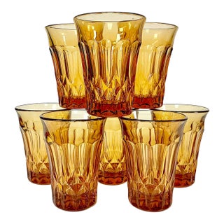 Vintage Indiana Glass Co Art Deco Boho Chic Hollywood Regency Depression Era Amber Tumblers - Set of 8 For Sale