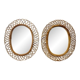 Pair of Italian Vintage Oval Rattan Mirrors For Sale