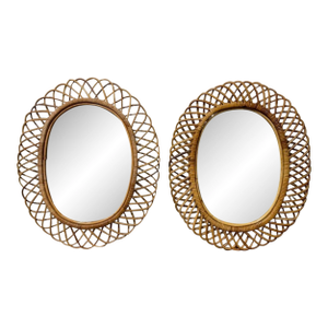 Pair of Italian Vintage Oval Rattan Mirrors