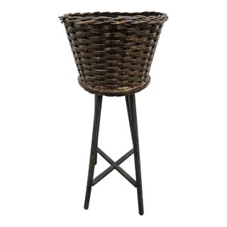 40s Round Rattan Wicker Basket Planter Spindle Legs For Sale