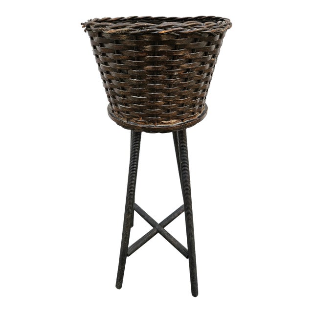 40s Round Rattan Wicker Basket Planter Spindle Legs For Sale
