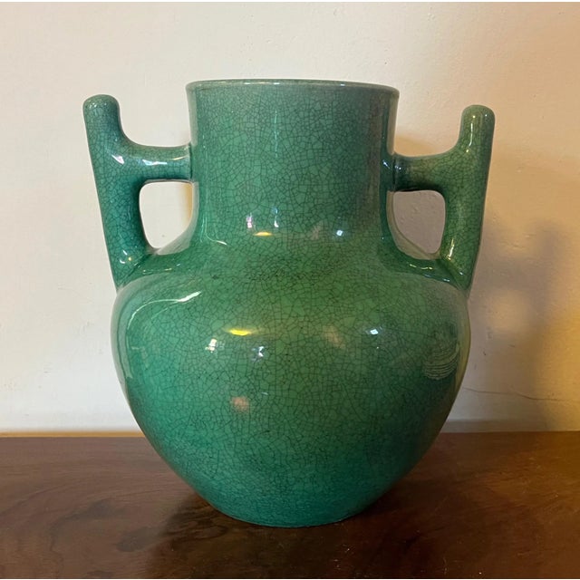 Large 1920 Art Deco Japanese Monochrome Green Crackle Glaze Vase in Archaic Form For Sale - Image 12 of 13