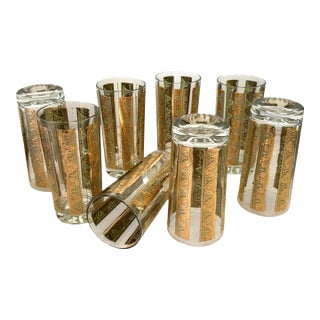 Vintage 1970s Green & Gold Glass Tumblers- A Set of 8 For Sale