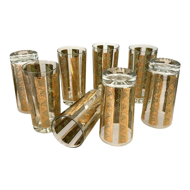 Vintage 1970s Green & Gold Glass Tumblers- A Set of 8 For Sale
