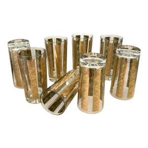 Vintage 1970s Green & Gold Glass Tumblers- A Set of 8