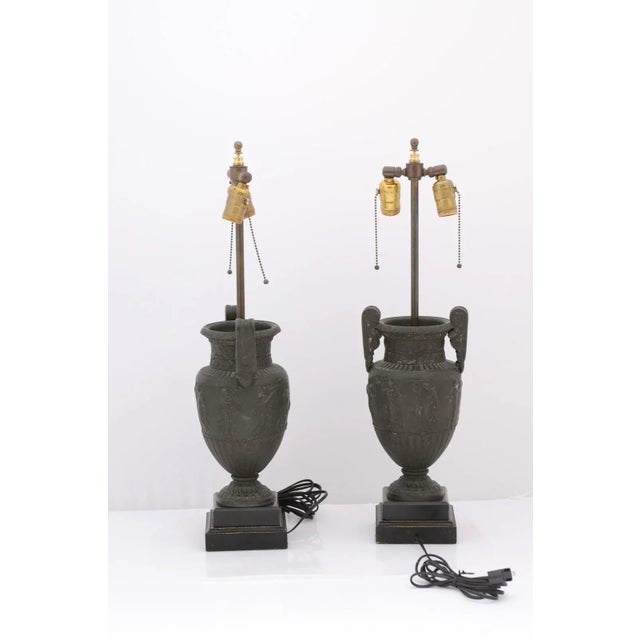 Pair of 1940s French Etruscan Cast Urn Lamps For Sale - Image 9 of 12