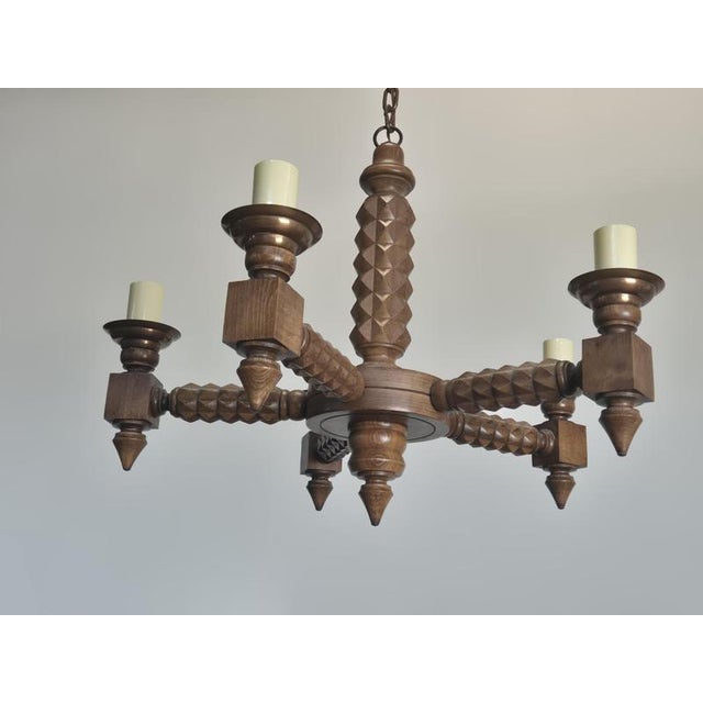 Rustic Carved Wooden Chandelier with Diamond Points, 1960s For Sale - Image 3 of 6