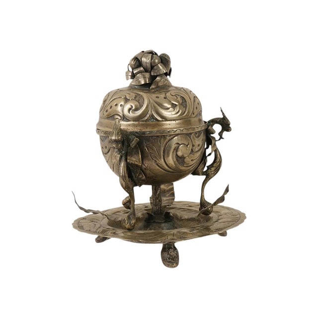 19th Century Indian Lidded Footed Silver Alloy Censer W Stand For Sale - Image 5 of 7